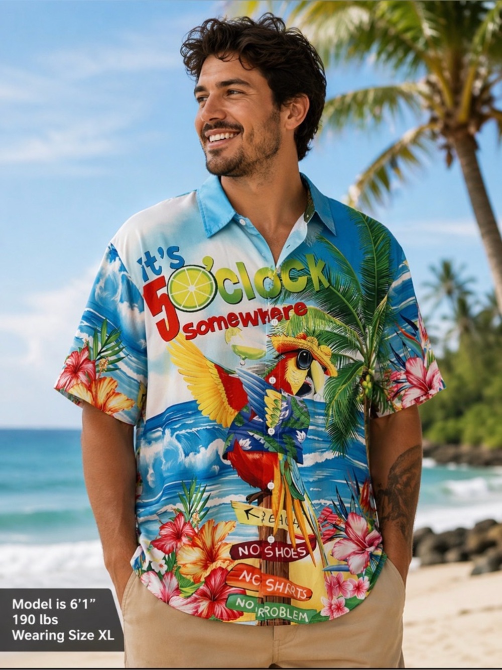 Men’s XL Tropical Hawaiian Shirt “It’s 5 O’Clock Somewhere” Parrot Beach